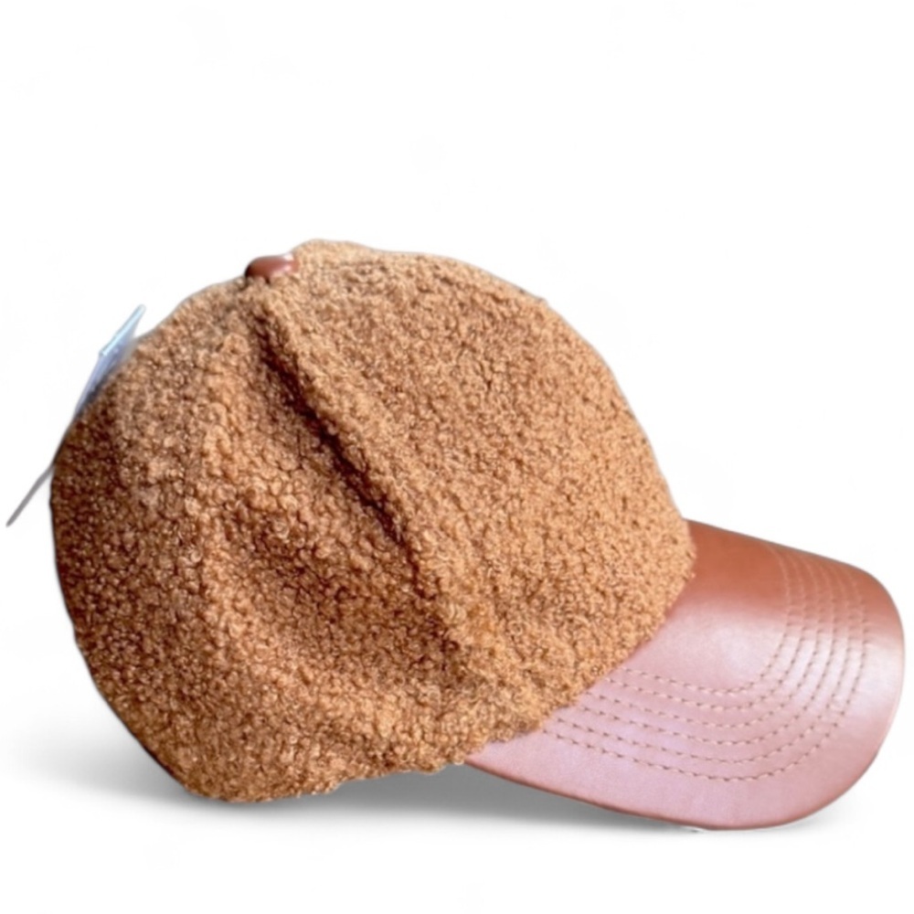 BP Women’s Faux Shearling & Faux Leather Baseball Cap Teddy Light Brown OS - Picture 2 of 11